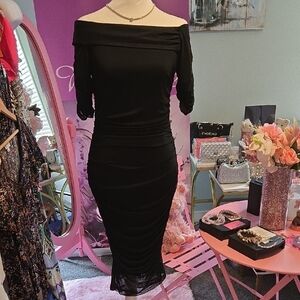 VENUS Black Off-ShoulderSheer Mesh Ovelay Ruched Midi Dress NWOT